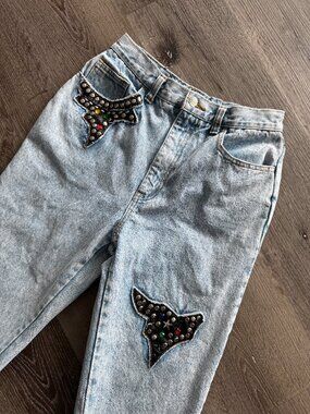 Vtg 80s American Dakota Blue acid washed embellished high waisted mom jeans / 4